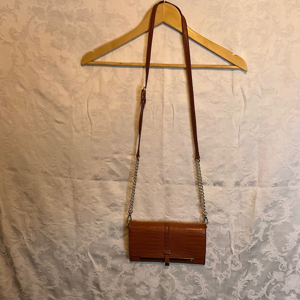 Nine West Brown Croc Embossed Chain Strap‎ Wallet Clutch Crossbody Bag